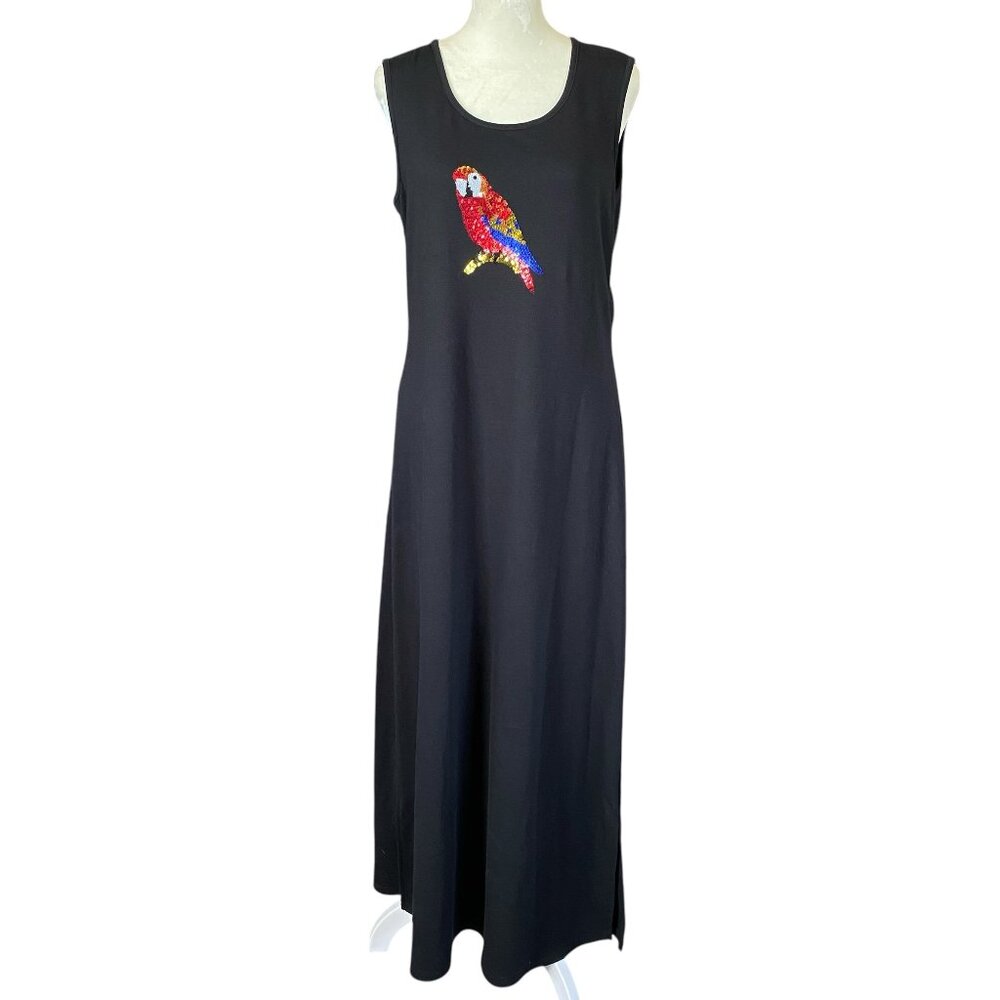 Quacker Factory women's size small black sequin parrot stretchy maxi tank dress